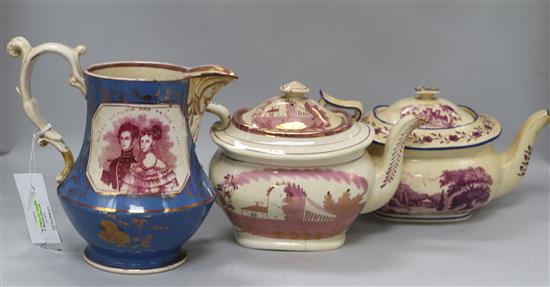 A Queen Victoria & Albert commemorative jug and two pink lustre teapots, 19th century
